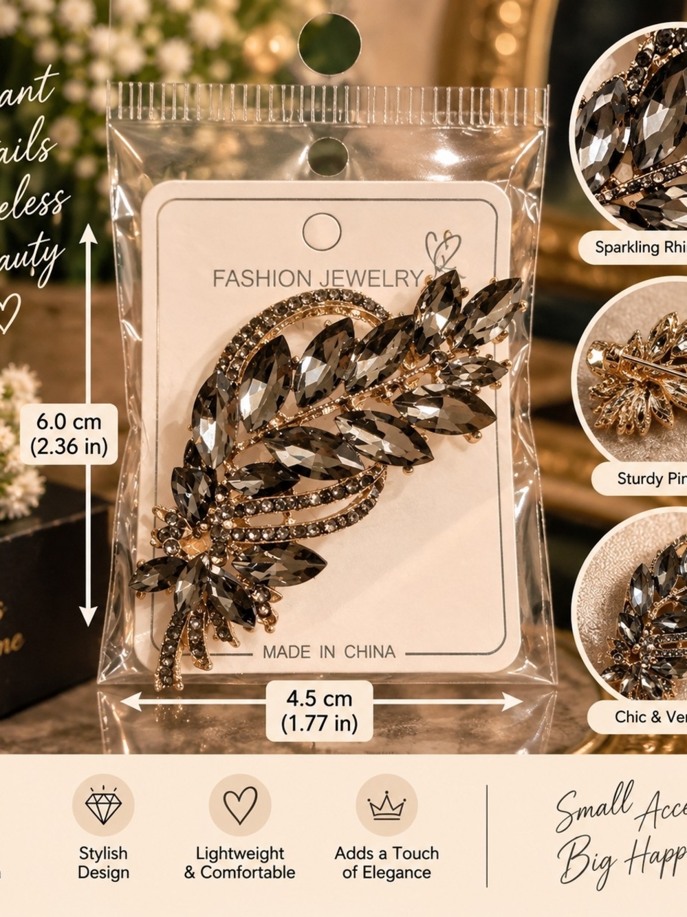 Fashion Jewelry Smoky Crystal Leaf Brooch - Gray and Gold Accent